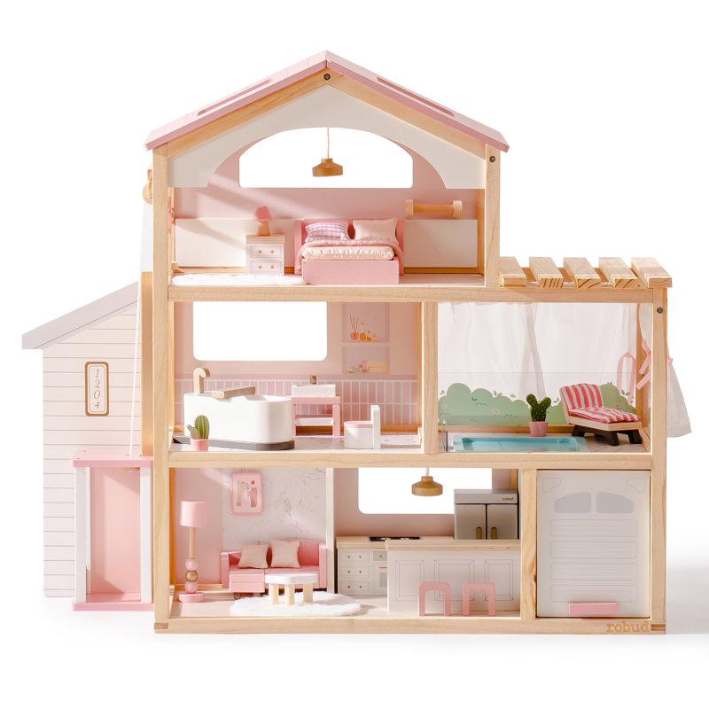 Wooden dollhouse with garage best sale